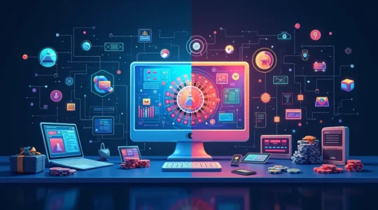 Illustration schématique montrant l'écosystème complexe d'un casino en ligne avec les fournisseurs de logiciels, les serveurs, les couches de sécurité et les éléments cachés derrière l'interface