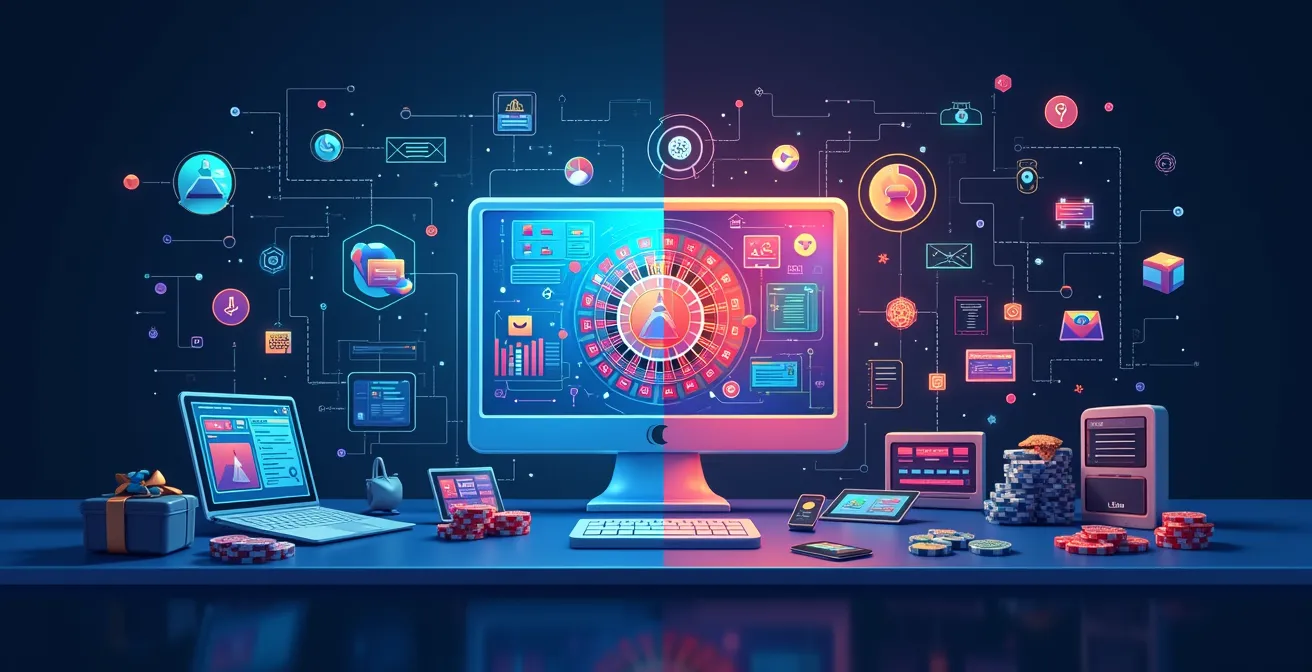 Illustration schématique montrant l'écosystème complexe d'un casino en ligne avec les fournisseurs de logiciels, les serveurs, les couches de sécurité et les éléments cachés derrière l'interface