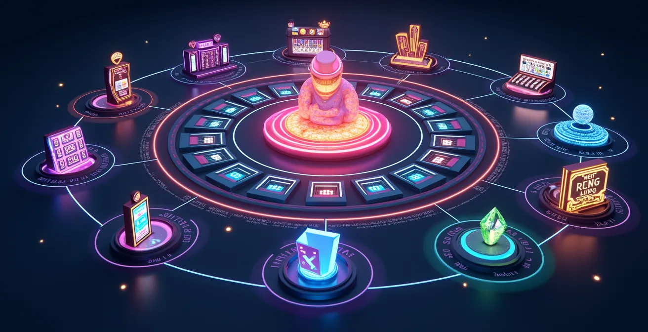 Schéma visuel montrant l'architecture d'une plateforme de casino en ligne avec les différentes sections (machines à sous, jeux de table, live casino) connectées et interactives.