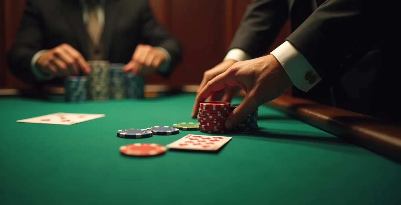 Joueur de poker exécutant un bluff stratégique avec jetons et cartes sur la table