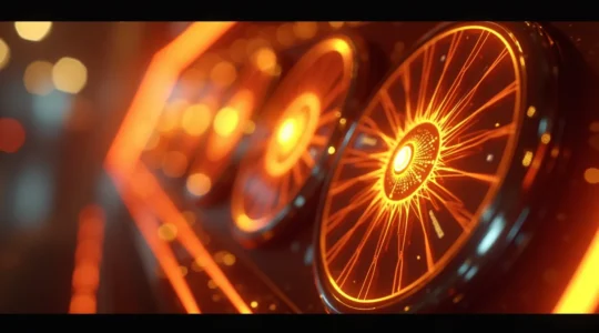 Illustration cinématographique montrant les layers visuels et sonores d'une machine à sous moderne avec rouleaux animés, effets de lumière dynamiques et symboles évolutifs