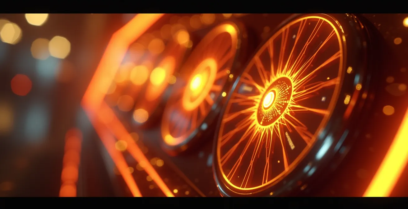 Illustration cinématographique montrant les layers visuels et sonores d'une machine à sous moderne avec rouleaux animés, effets de lumière dynamiques et symboles évolutifs