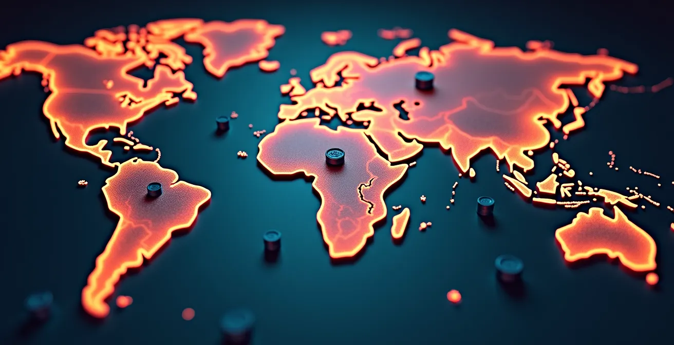 Carte visuelle du jeu explorant les continents du hasard et de la stratégie, avec symboles de dés, cartes et jetons.