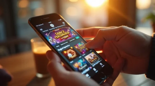 Interface de casino mobile moderne sur un écran de téléphone intelligent avec joueur en train de jouer