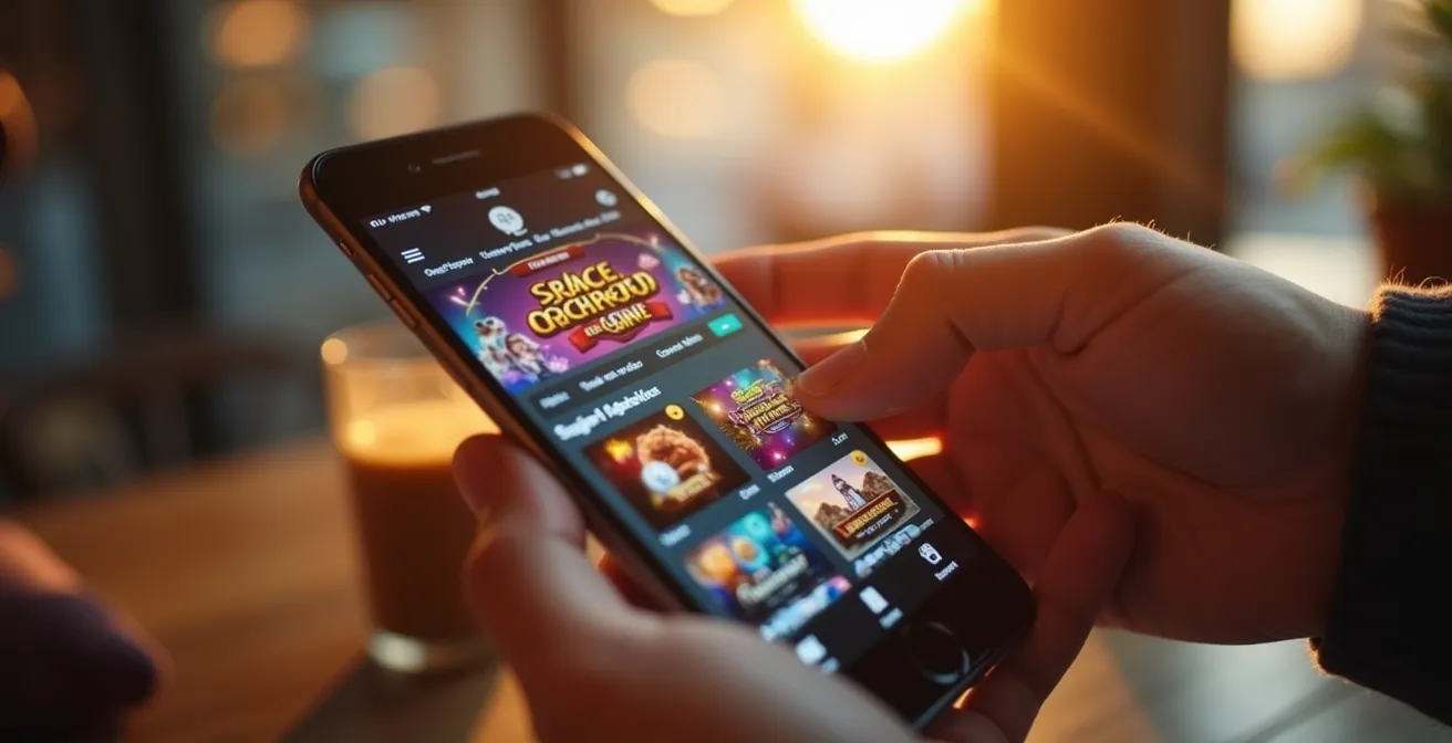 Interface de casino mobile moderne sur un écran de téléphone intelligent avec joueur en train de jouer