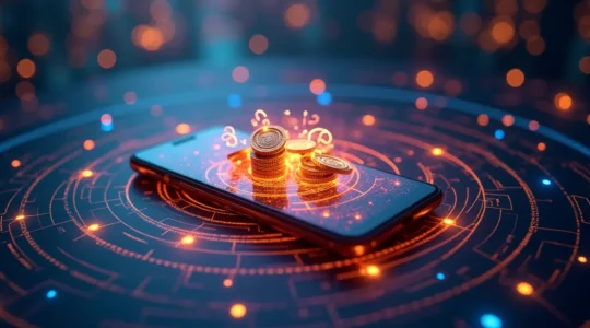 Illustration abstraite montrant un smartphone entouré de symboles de casinos numériques, cartes à jouer et pièces d'or sur un fond de réseau numérique luminescent.