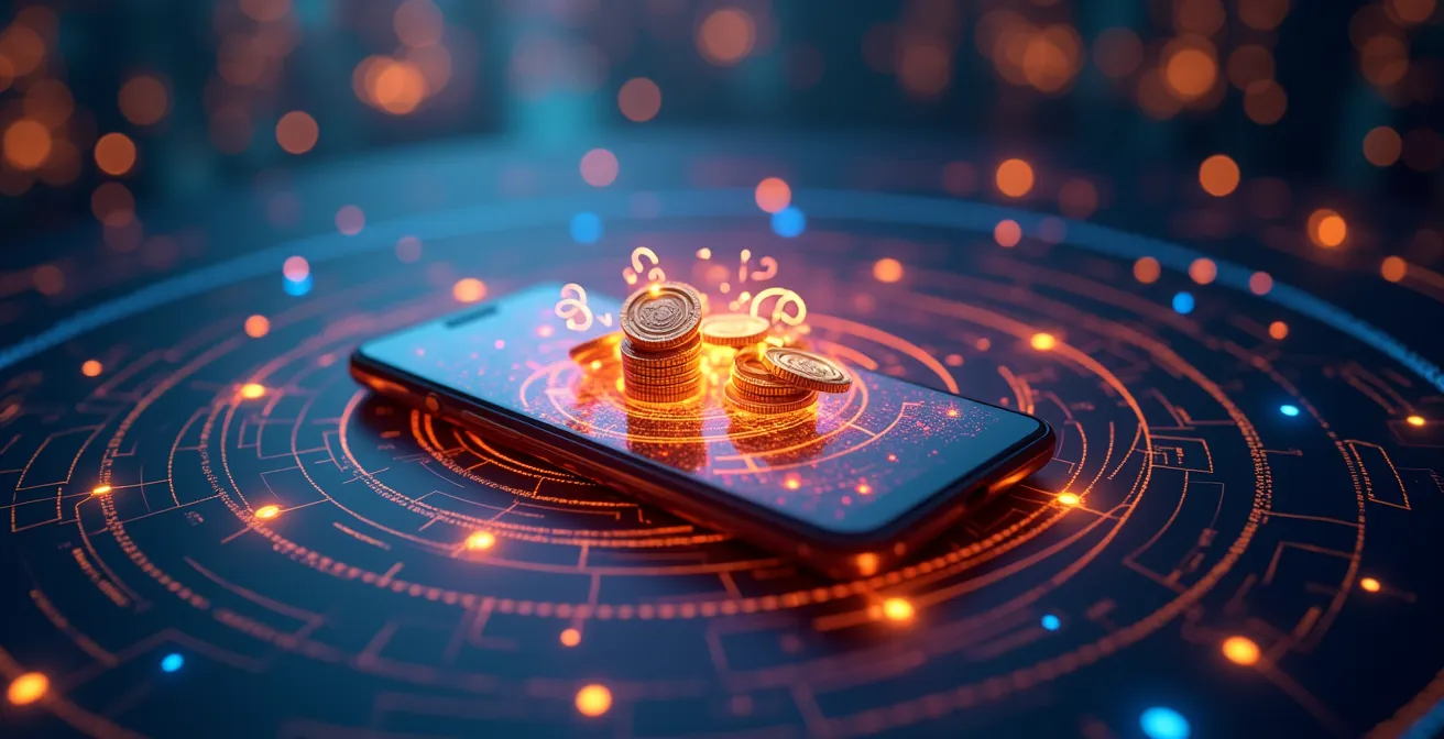 Illustration abstraite montrant un smartphone entouré de symboles de casinos numériques, cartes à jouer et pièces d'or sur un fond de réseau numérique luminescent.