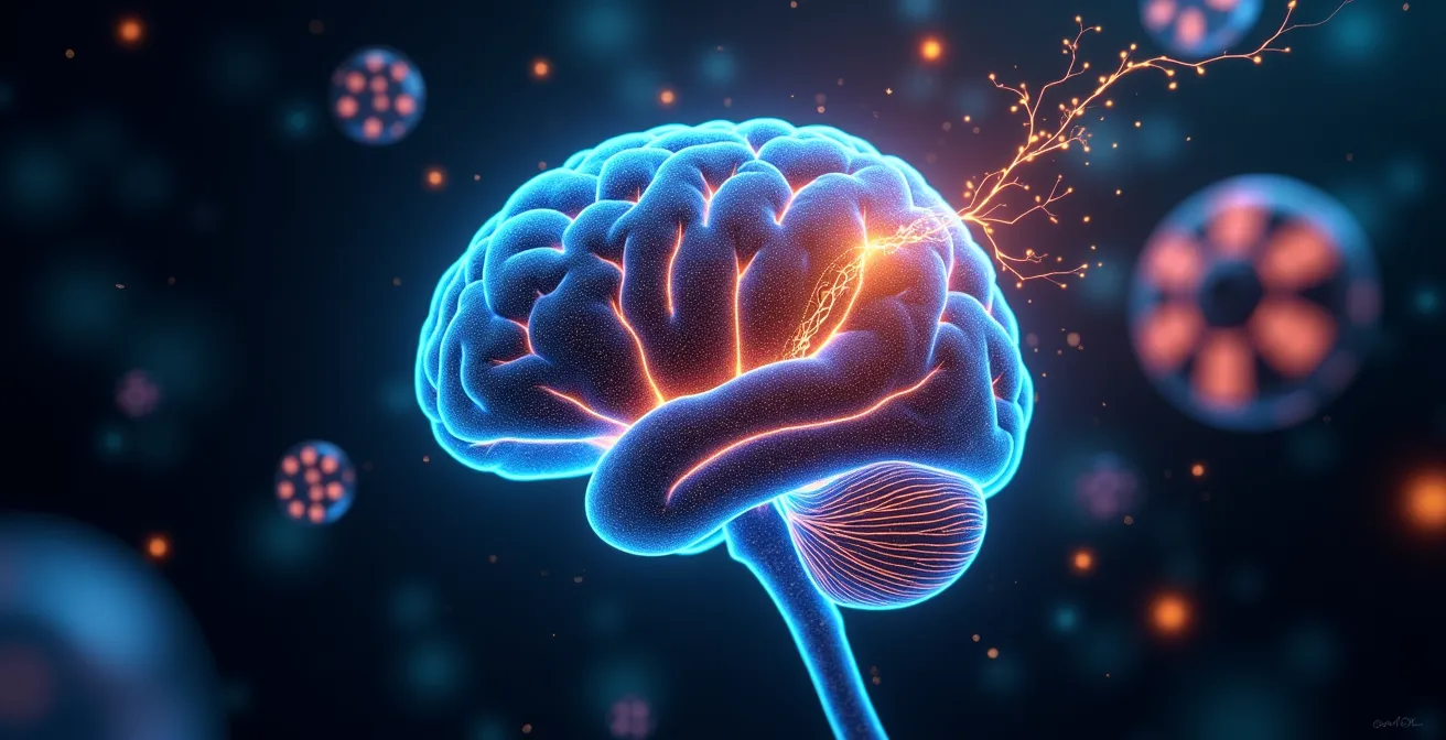 Visualisation du cerveau humain avec mise en évidence des circuits de récompense et des flux de dopamine activés lors du jeu, montrant l'effet du suspense.