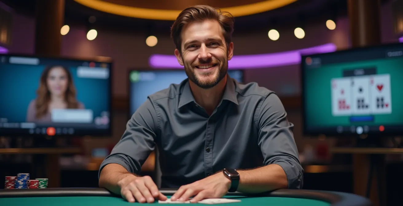 Croupier professionnel en studio interagissant avec les joueurs via le chat, démontrant les bonnes pratiques de communication et d'étiquette