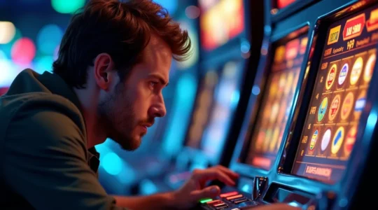 Illustration d'un joueur expert observant les détails complexes d'une machine à sous avec rouleaux, symboles et lignes de paiement mises en avant.