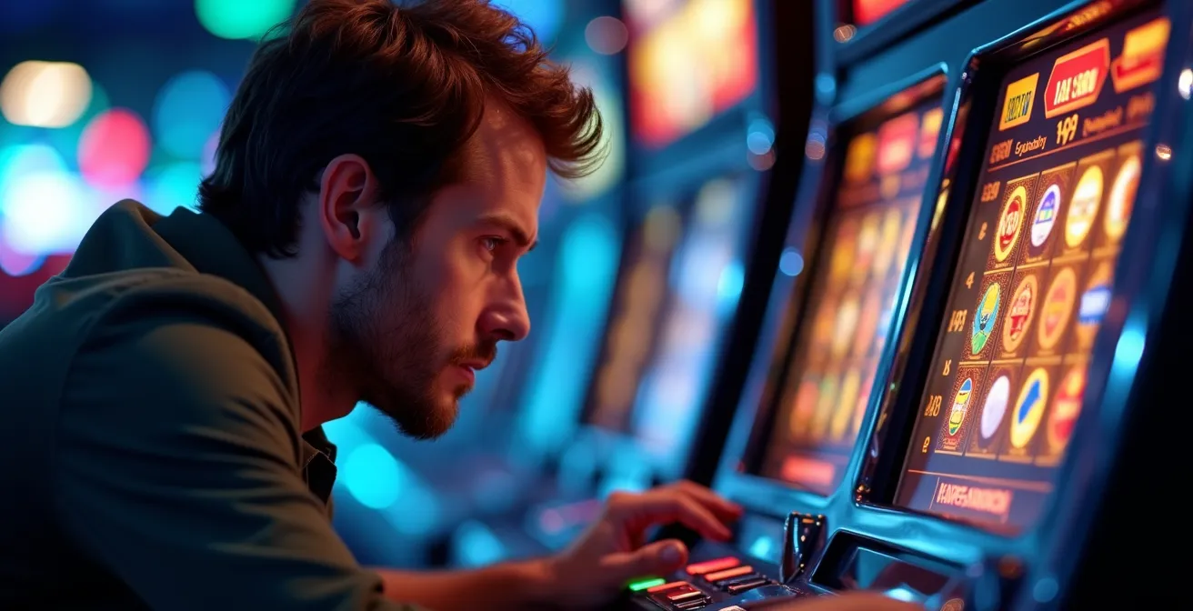 Illustration d'un joueur expert observant les détails complexes d'une machine à sous avec rouleaux, symboles et lignes de paiement mises en avant.