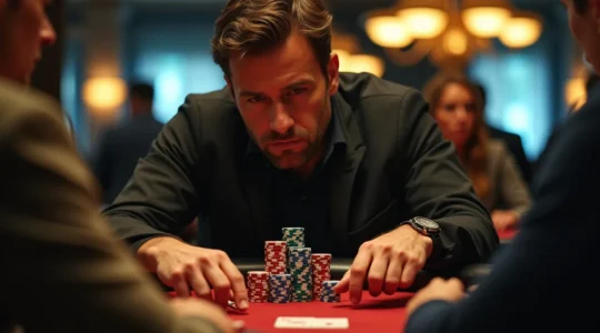 Un joueur de poker en pleine concentration autour d'une table, analysant stratégiquement les cartes et ses adversaires