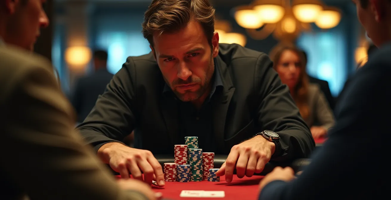 Un joueur de poker en pleine concentration autour d'une table, analysant stratégiquement les cartes et ses adversaires