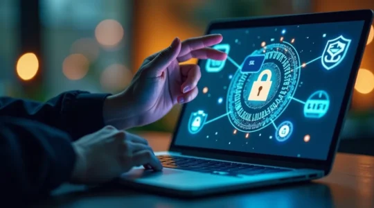 Bannière illustrant un joueur vérifiant les symboles de sécurité d'un casino en ligne de confiance avec cadenas SSL et licence officielle.