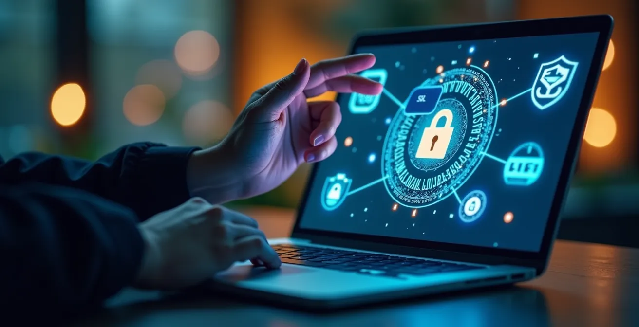 Bannière illustrant un joueur vérifiant les symboles de sécurité d'un casino en ligne de confiance avec cadenas SSL et licence officielle.