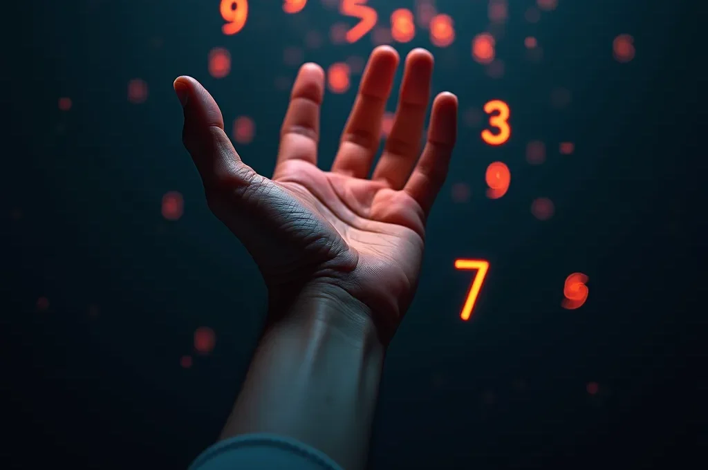 Illustration de l'illusion de contrôle : une main humaine cherchant à contrôler des chiffres tombant aléatoirement