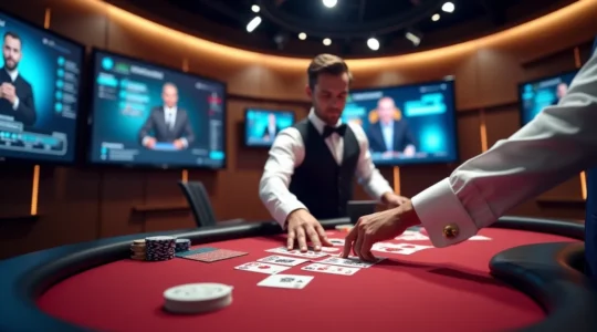 Interaction dynamique entre joueurs et croupier en direct dans un studio de casino avec interfaces numériques et ambiance professionnelle