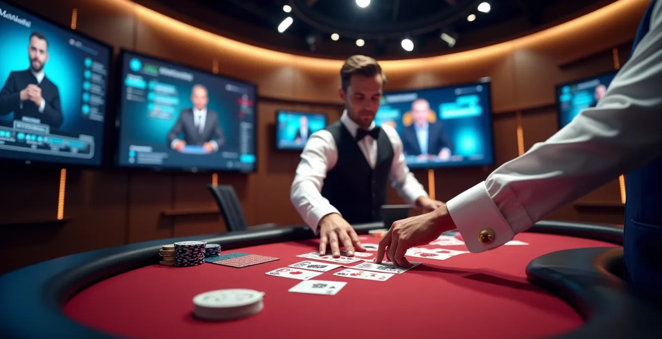 Interaction dynamique entre joueurs et croupier en direct dans un studio de casino avec interfaces numériques et ambiance professionnelle