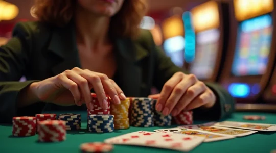 Joueur de casino concentré faisant un choix stratégique entre différents jeux de casino