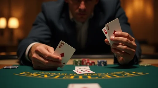 Illustration représentant un joueur de blackjack en train d'appliquer une stratégie de base à une table de casino, avec des cartes et des symboles stratégiques
