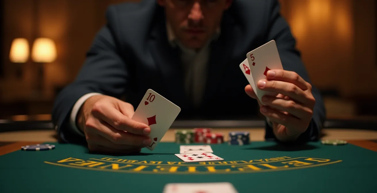 Illustration représentant un joueur de blackjack en train d'appliquer une stratégie de base à une table de casino, avec des cartes et des symboles stratégiques