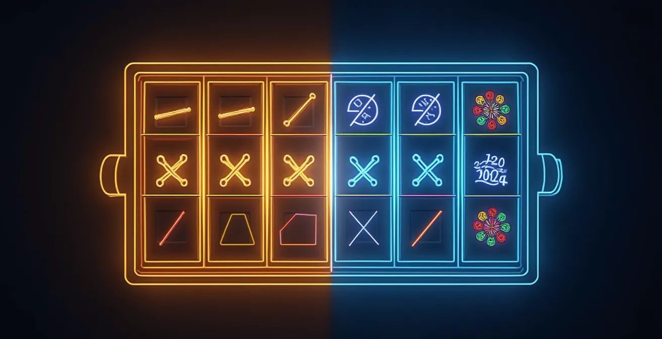 Diagramme montrant différentes configurations de lignes de paiement : fixes, en zigzag, diagonales, et systèmes 243, 1024 ways to win.
