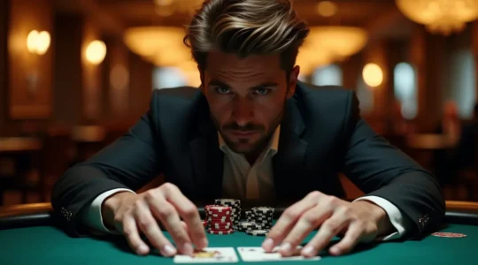 Joueur de poker concentré analysant ses cartes et jetons lors d'une partie stratégique