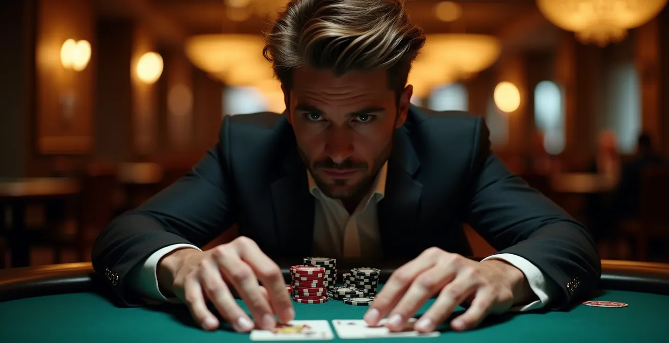Joueur de poker concentré analysant ses cartes et jetons lors d'une partie stratégique
