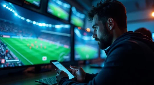 Parieur en direct observant un match de football avec analyseur de données live, captures l'intensité et la prise de décision rapide