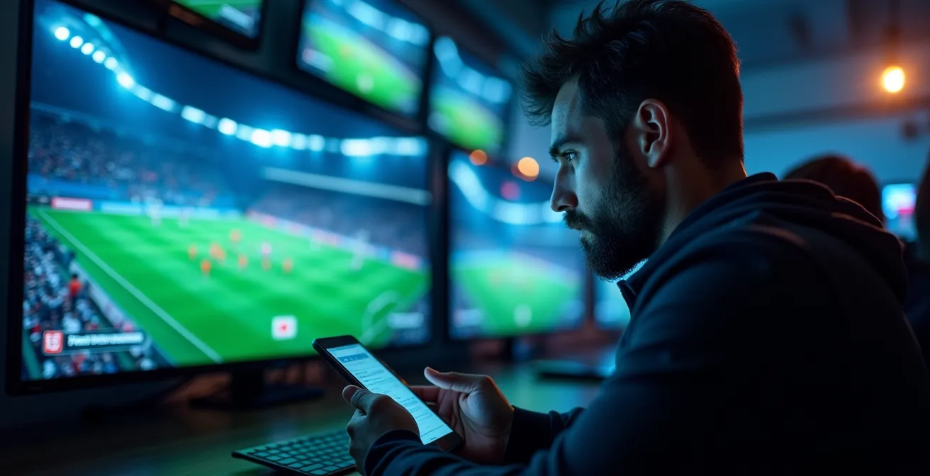 Parieur en direct observant un match de football avec analyseur de données live, captures l'intensité et la prise de décision rapide