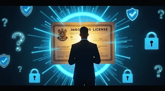 Illustration symbolisant une licence de casino comme un passeport protecteur pour les joueurs, avec des éléments de sécurité et de conformité