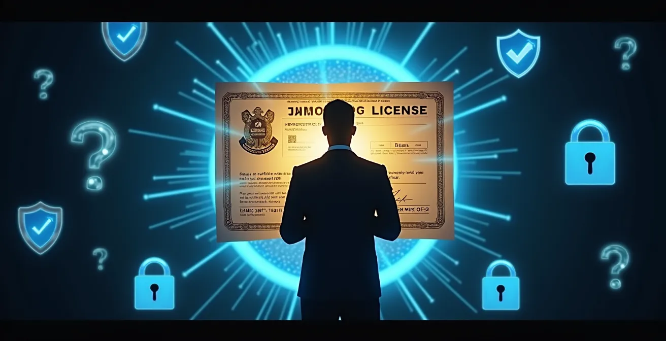 Illustration symbolisant une licence de casino comme un passeport protecteur pour les joueurs, avec des éléments de sécurité et de conformité