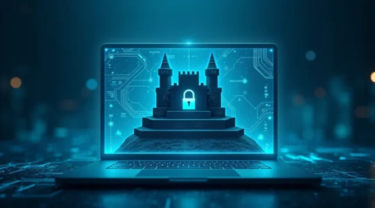 Forteresse numerique protégeant un compte de jeu en ligne avec serrures et boucliers de securite