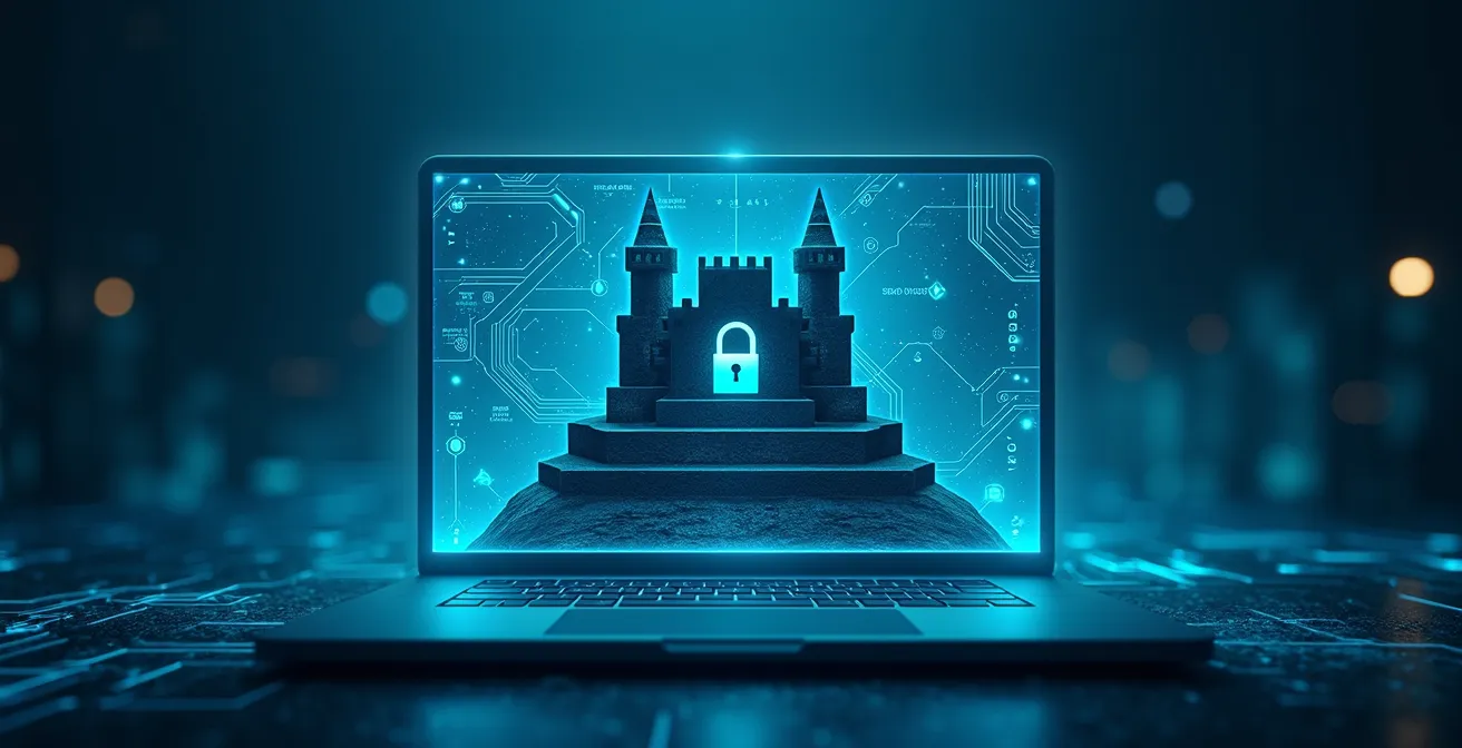 Forteresse numerique protégeant un compte de jeu en ligne avec serrures et boucliers de securite