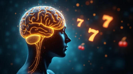 Illustration conceptuelle montrant l'interaction entre le cerveau, la dopamine et le processus émotionnel du jeu.