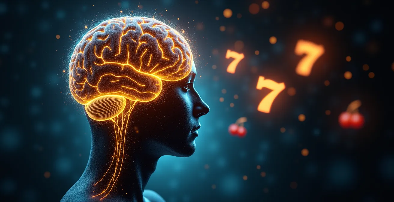 Illustration conceptuelle montrant l'interaction entre le cerveau, la dopamine et le processus émotionnel du jeu.