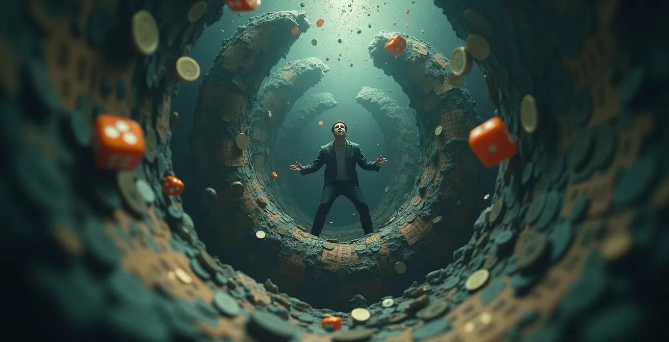 Illustration montrant la spirale addictive du jeu : une personne piégée dans un cycle de dépendance alimenté par l'espoir et les récompenses intermittentes