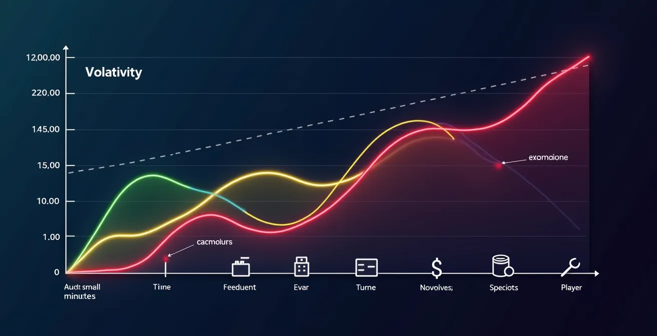 Graphique visuel montrant le spectre de volatilité avec trois courbes : faible (gains fréquents, modestes), moyenne (équilibre), élevée (rare, massifs).