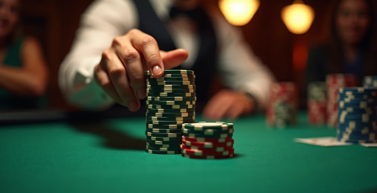 Gros plan sur des mains poussant agressivement des piles de jetons au centre de la table