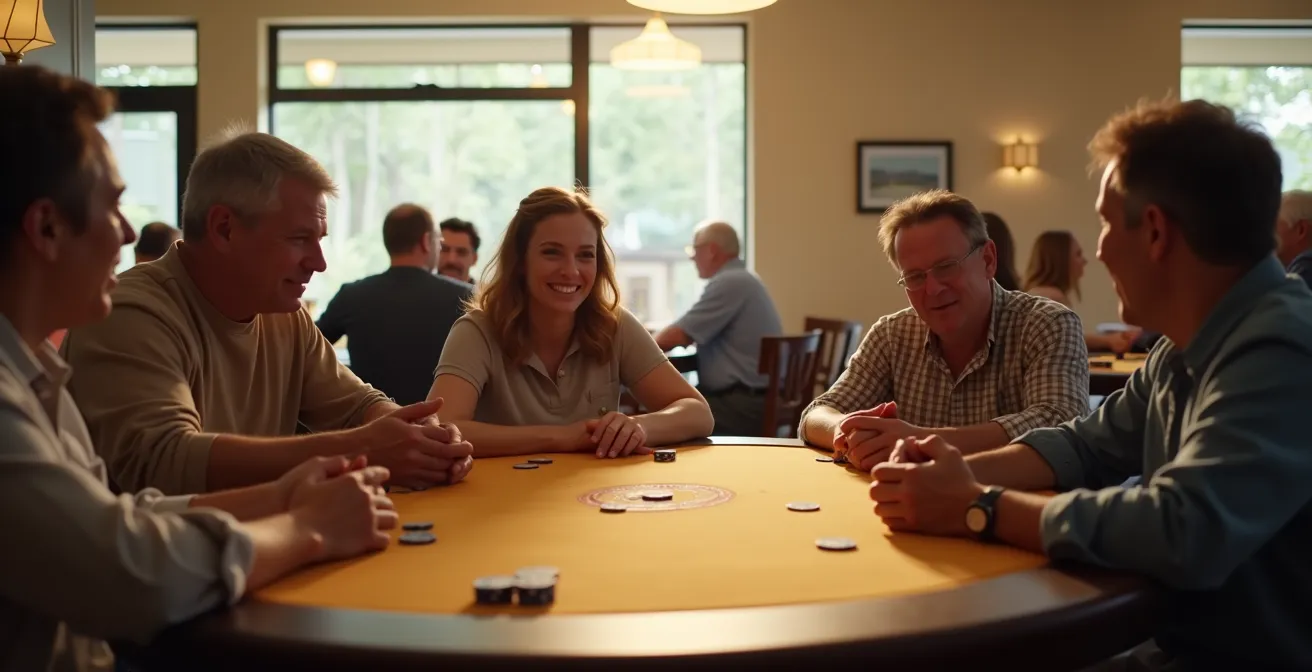 Groupe diversifié de joueurs amateurs partageant un moment convivial autour d'une table de poker