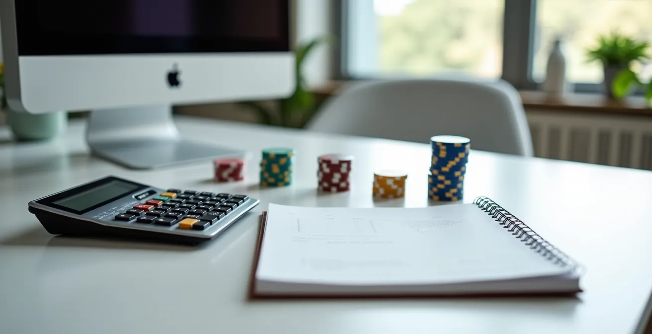 Bureau minimaliste avec calculatrice et jetons de casino disposés stratégiquement