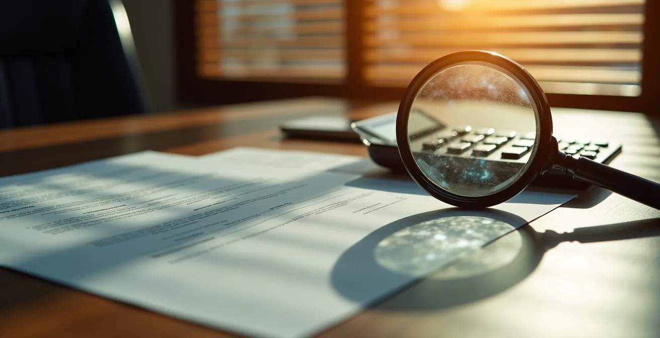 Bureau avec documents contractuels flous et calculatrice montrant une analyse de promotion