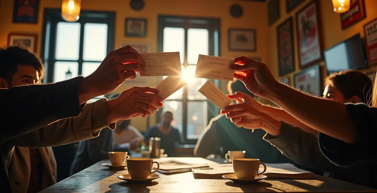 Ambiance conviviale dans un bar-PMU français avec supporters