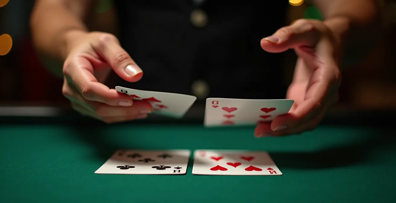 Mains de joueur échangeant des cartes entre deux jeux au blackjack switch