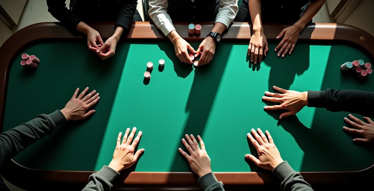 Vue d'ensemble d'une table de casino avec croupier et joueurs en interaction