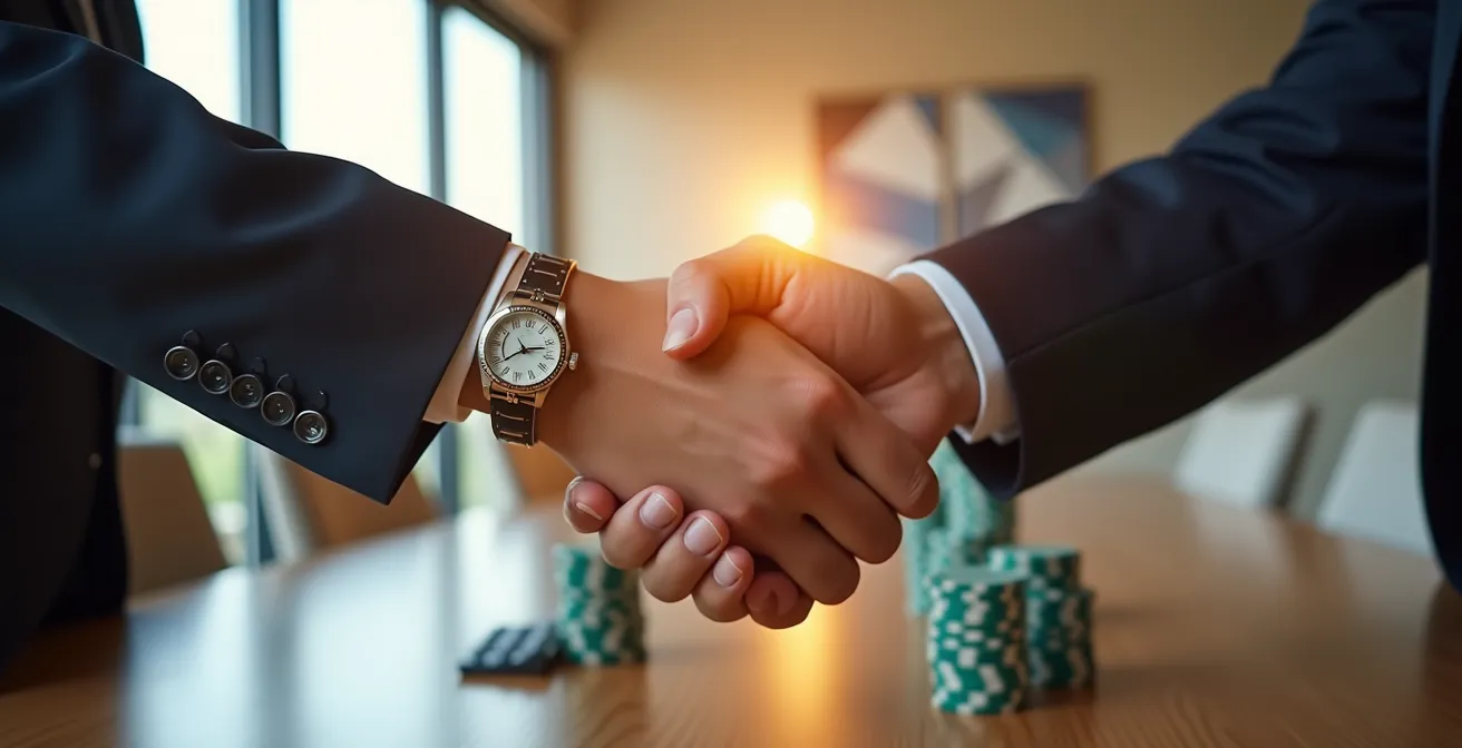 Poignée de main professionnelle symbolisant un accord de staking