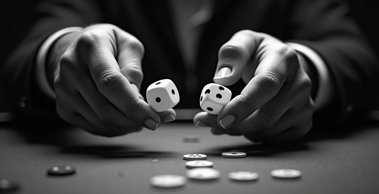 Mains lançant des dés avec effet de mouvement suggérant l'illusion du contrôle