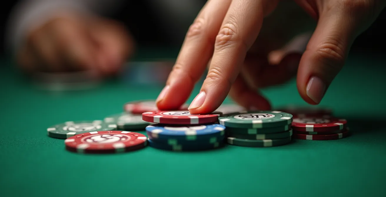 Gros plan sur une main de joueur manipulant des jetons avec concentration