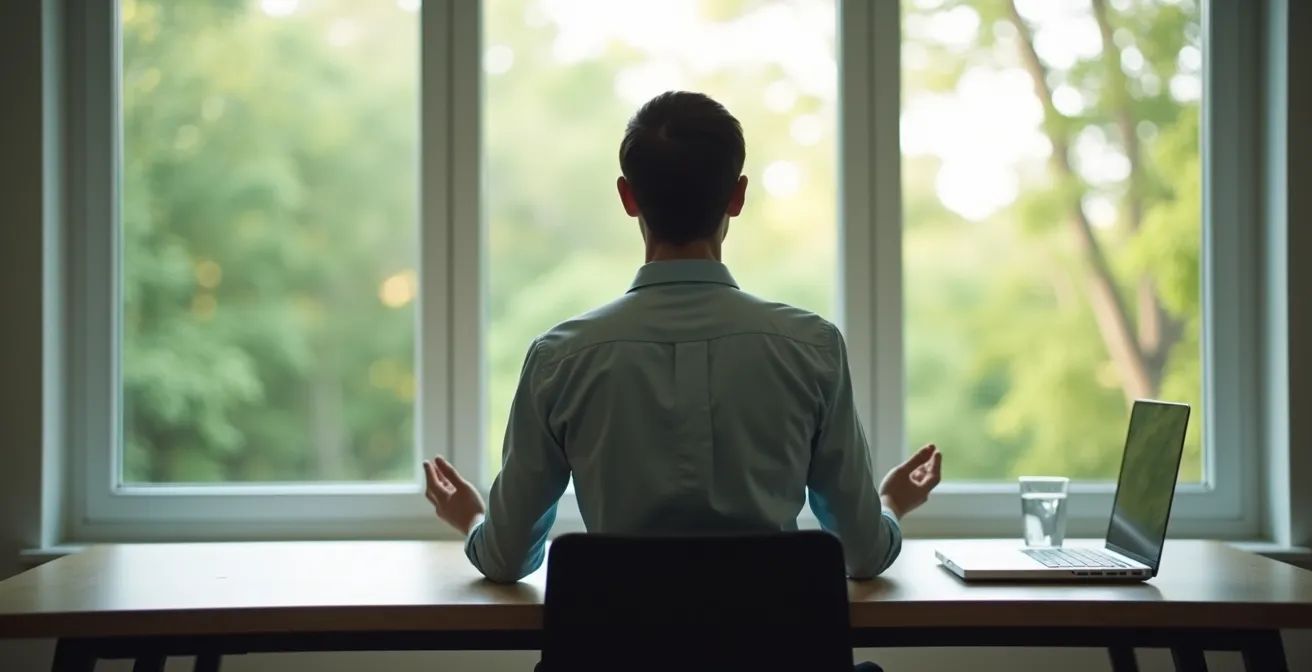 Personne de dos assise à un bureau face à une fenêtre, posture de méditation, lumière douce de fin d'après-midi