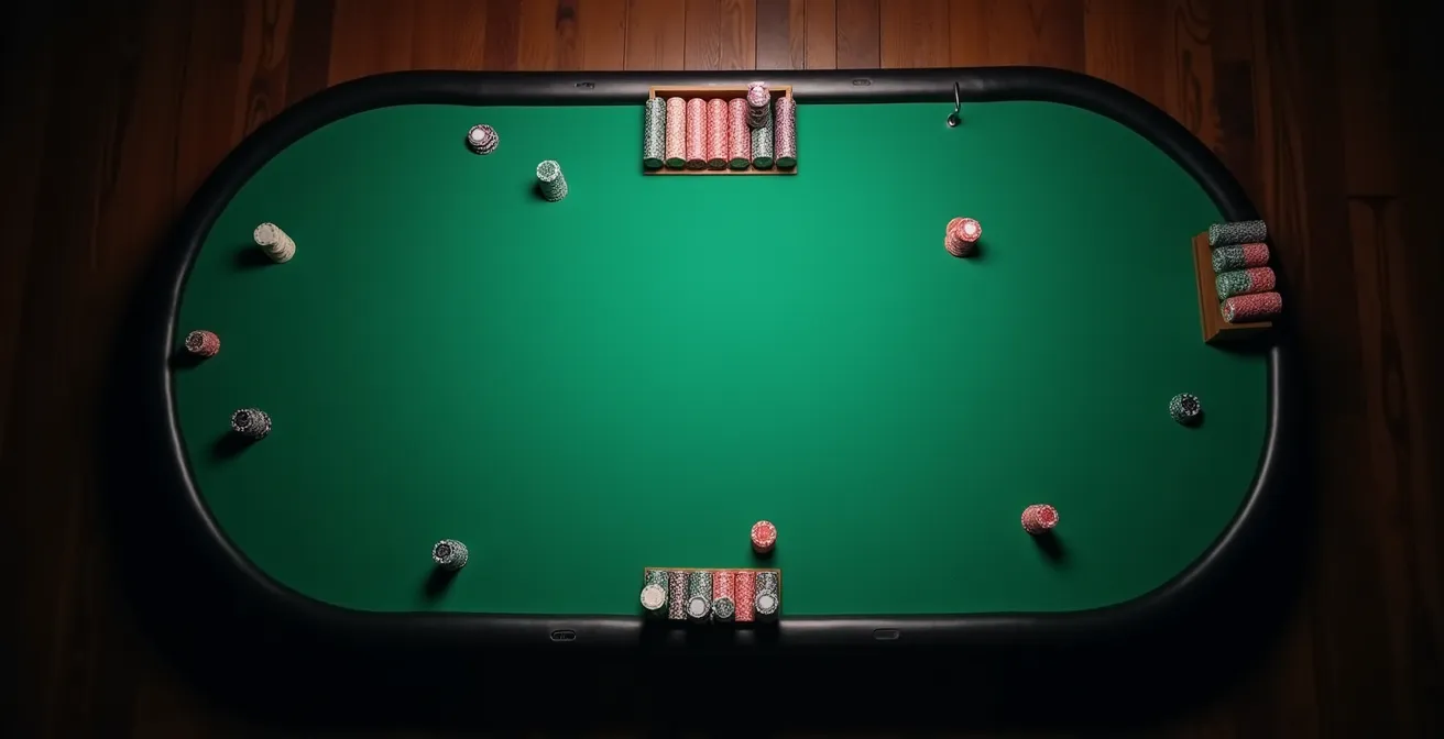 Vue aérienne d'une table de poker montrant les positions stratégiques des joueurs